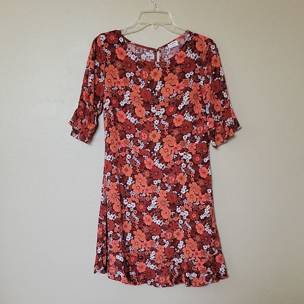 Cotton On Red Orange Floral Printed Mini Dress - Size Small
